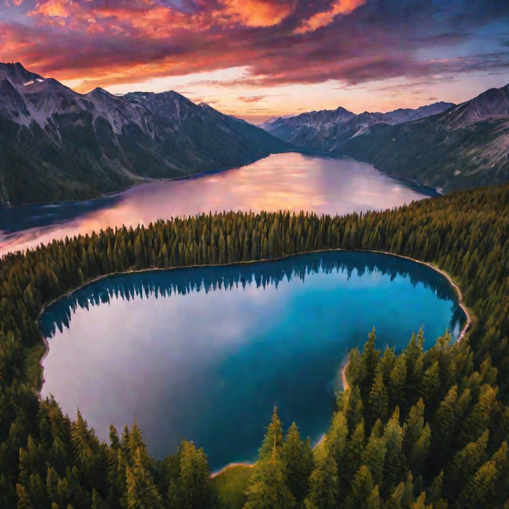 Горный пейзаж с озером на закате
