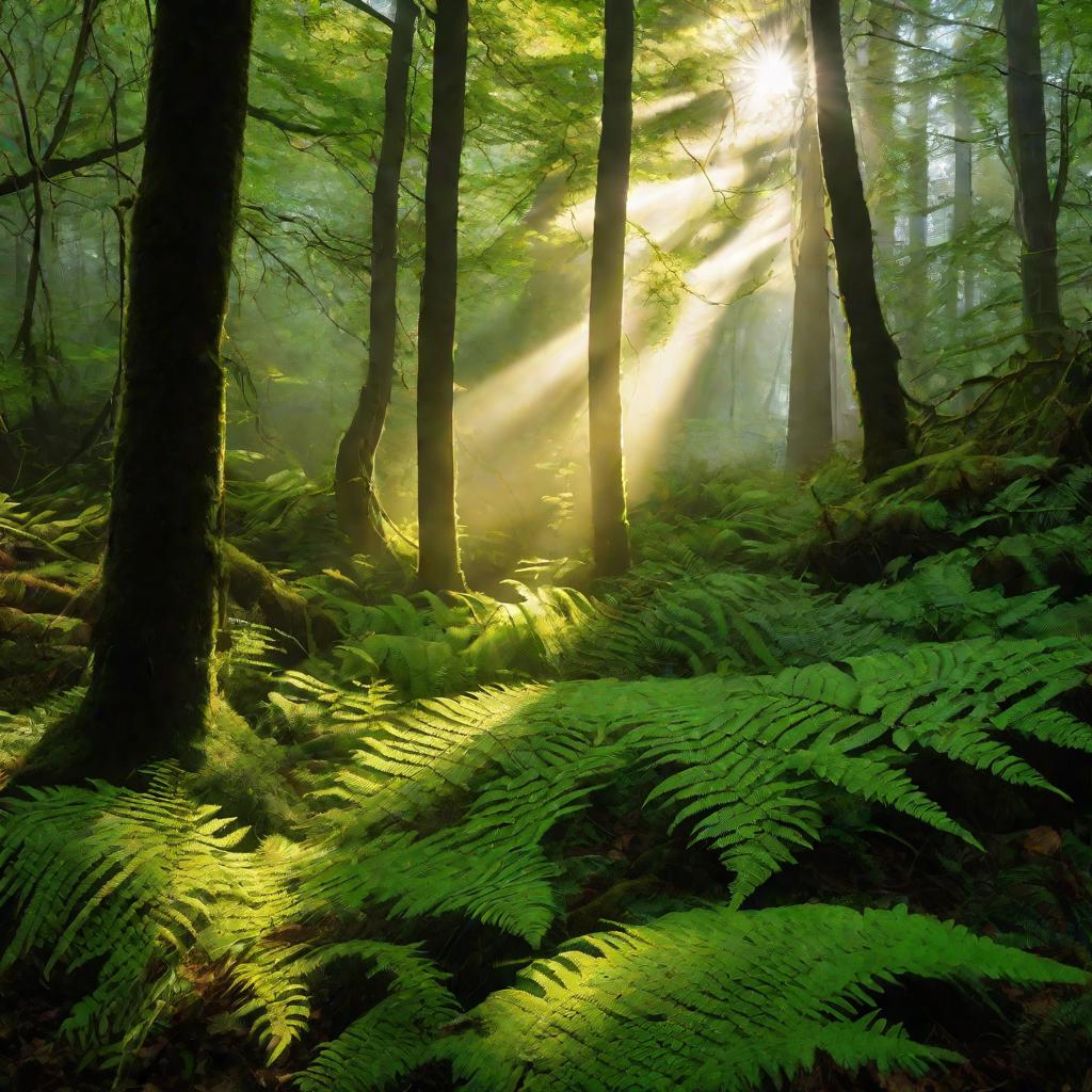 Лучи солнца пробиваются сквозь полог леса, освещая туманную утреннюю сцену. Косые золотые лучи света проходят сквозь листья, отбрасывая пятнистые тени на мохнатую лесную землю. В воздухе висит легкий туман. Яркие зеленые папоротники и подлесок светятся в 