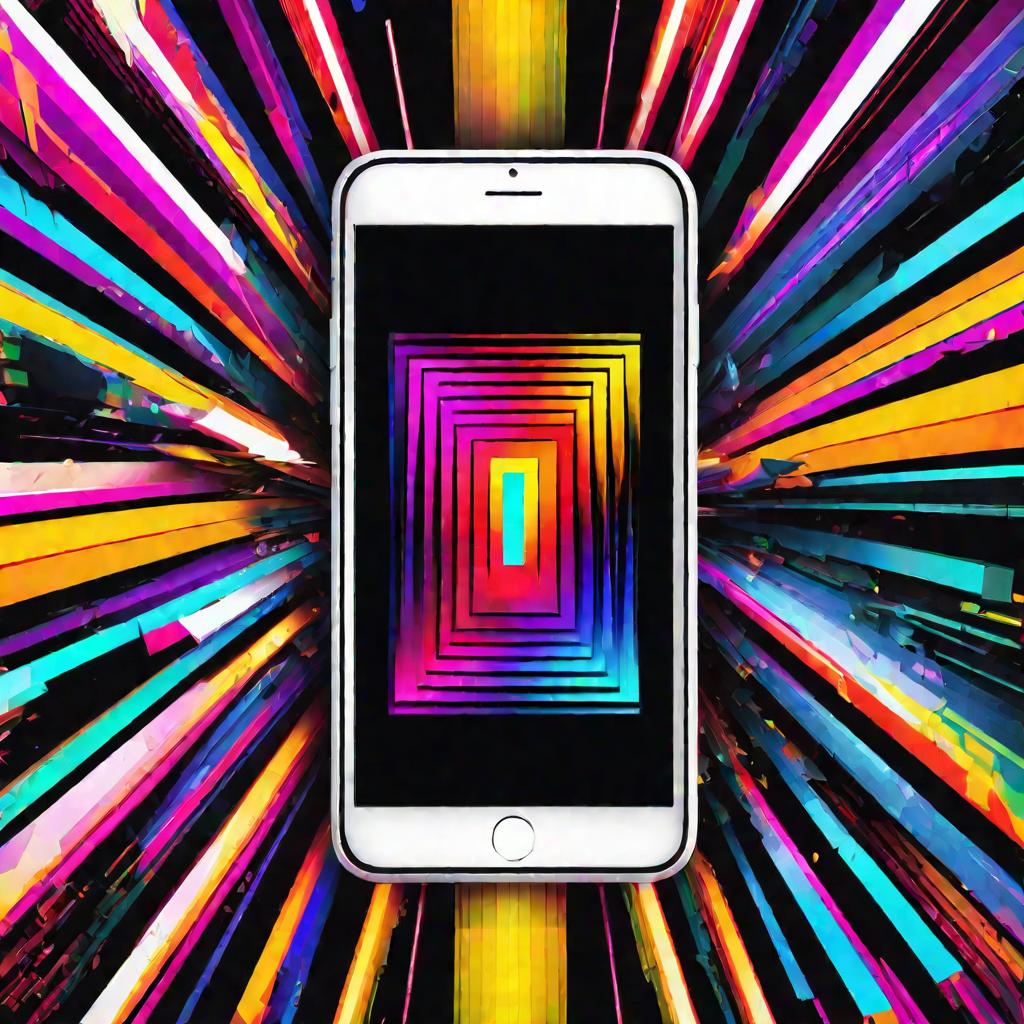 Абстрактная иллюстрация Айфона с черным экраном и разноцветными светящимися геометрическими фигурами.