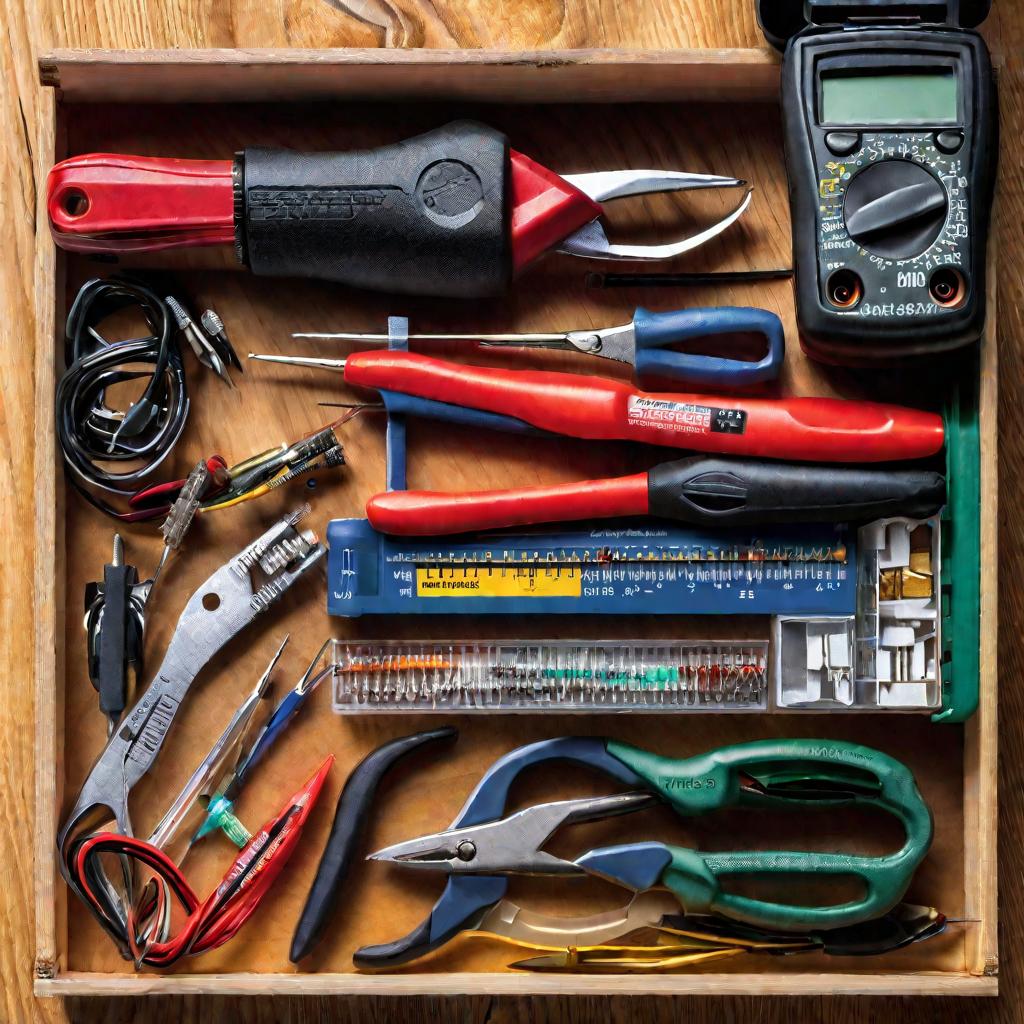Подробная фотография открытого набора инструментов для ремонта электроники на светлой деревянной поверхности.