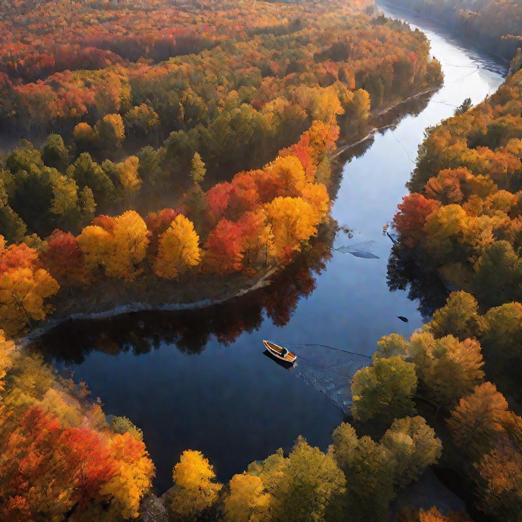 Человек в лодке готовится закинуть удочку со скользящим поплавком на реке среди живописной осенней листвы