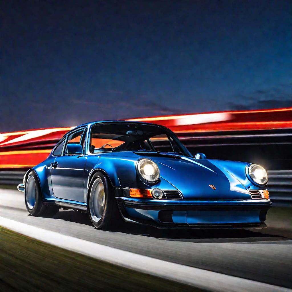 Драматичный вид снизу красного Porsche 911 на гоночной трассе во время вечерней гонки. Porsche ярко освещен трековыми огнями, тепло светясь на фоне темного мрачного синего неба. Размытое движение показывает скорость. Плоский 6-цилиндровый двигатель хорошо