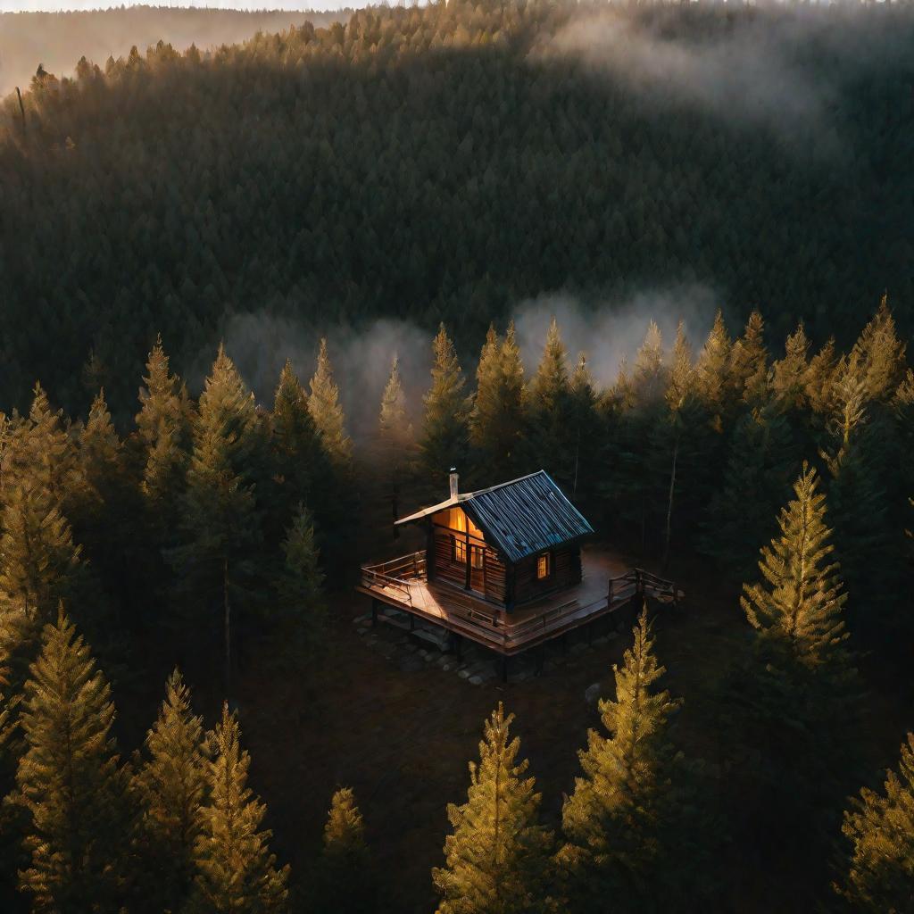 Бревенчатый домик с металлической крышей в сосновом лесу на закате
