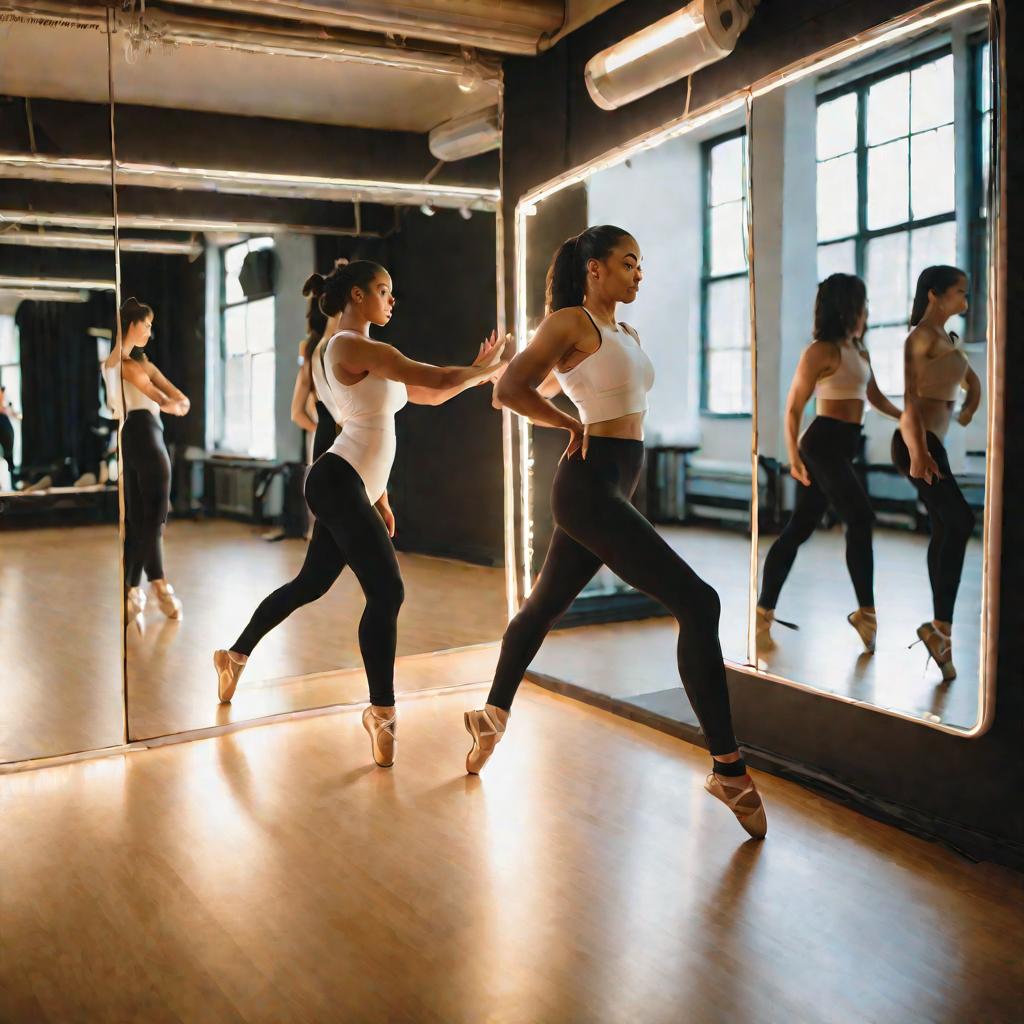 Женщина тренирует походку перед зеркалом в танцевальной студии