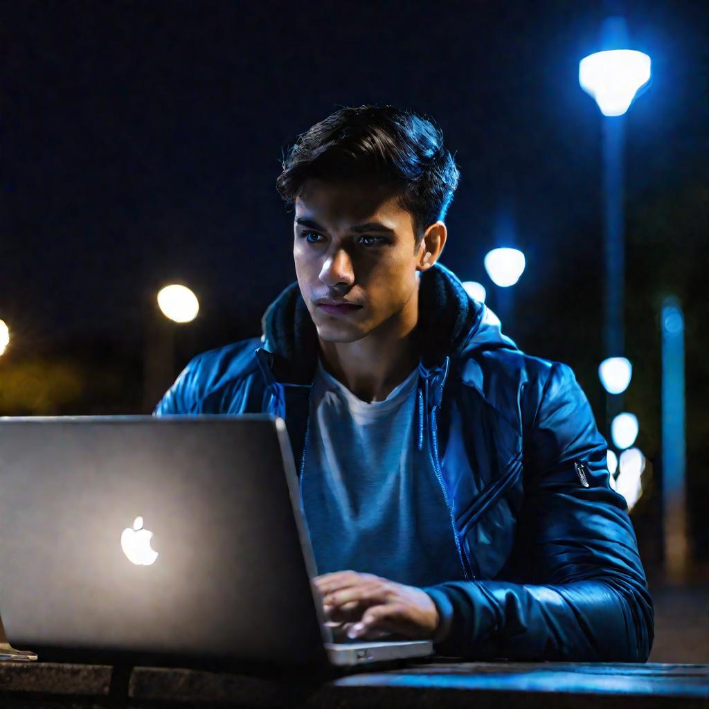Крупный портрет молодого человека, пользующегося ноутбуком на улице ночью. Он сидит на скамейке под фонарем, сосредоточенно смотрящий на экран. Его лицо драматично освещено синим светом монитора ноутбука в темноте.