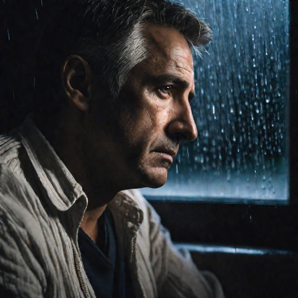 Портрет грустного мужчины, смотрящего в окно во время летней грозы