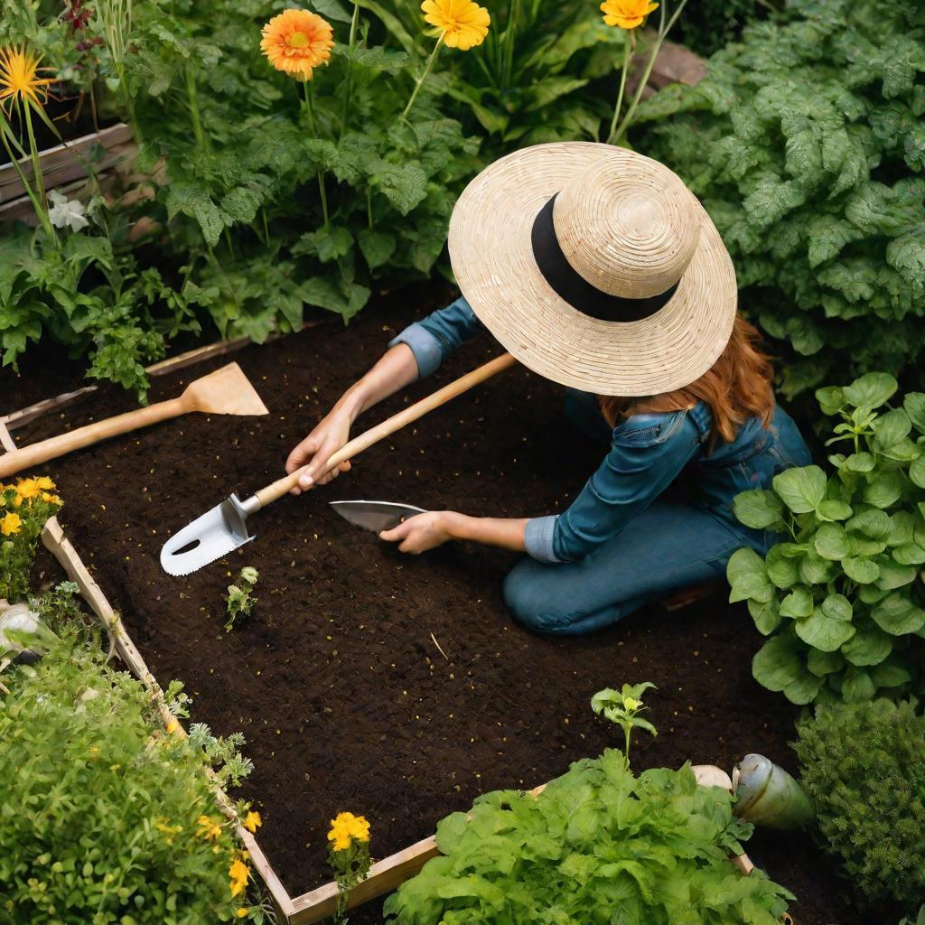 Женщина сажает семена травы в саду