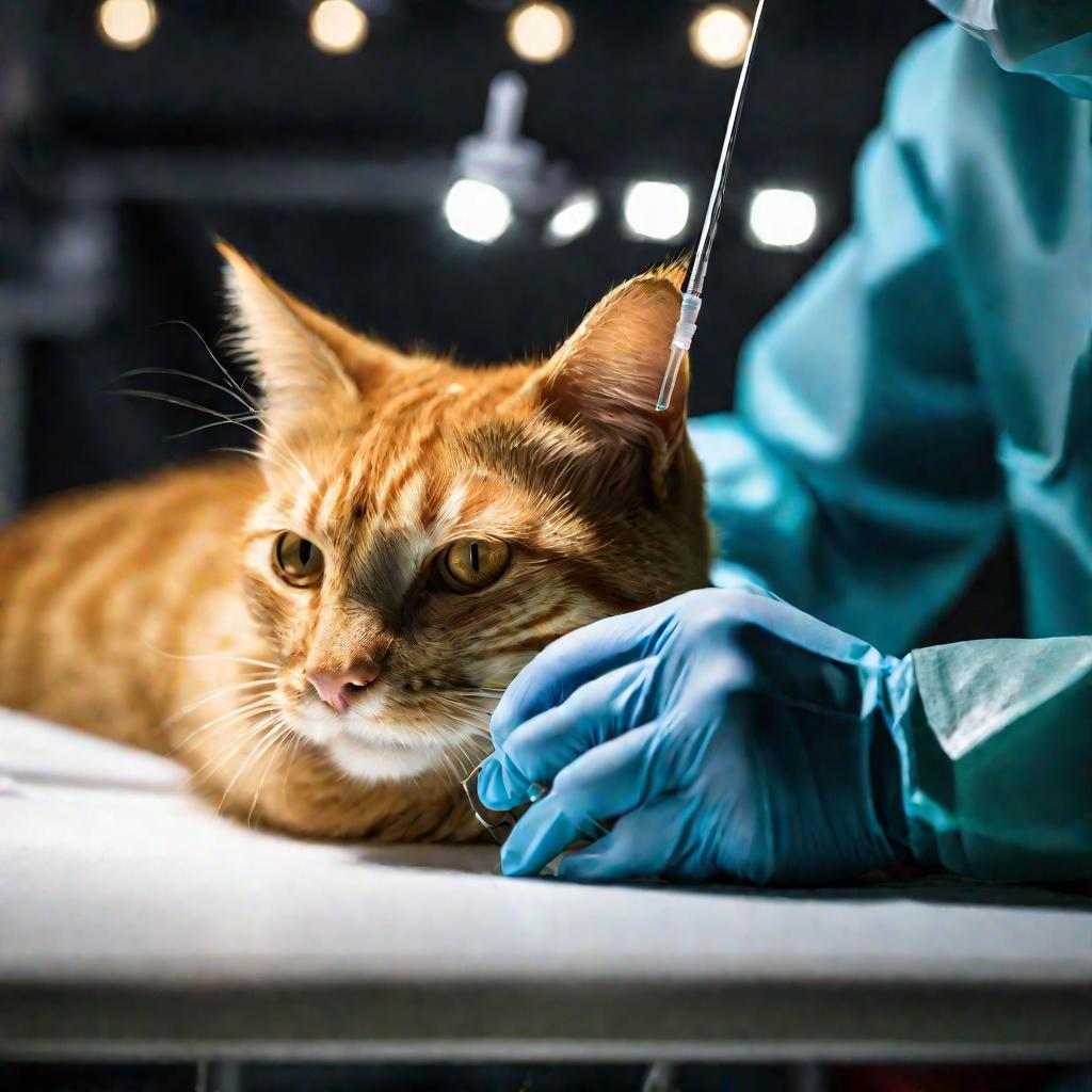 Ветеринар осматривает больную рыжую кошку ночью
