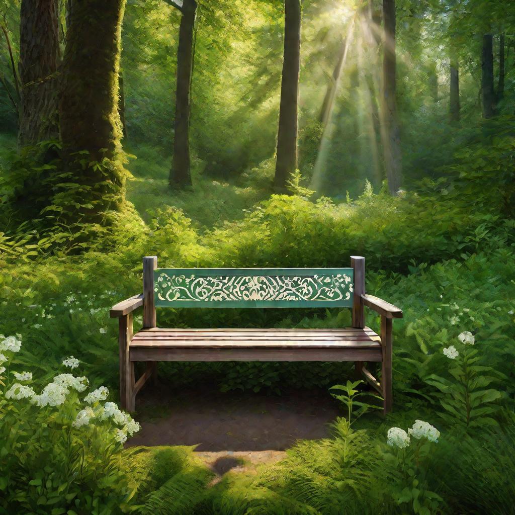 Деревянная скамейка, украшенная цветочным орнаментом, выполненным при помощи трафарета, на лесной поляне весной