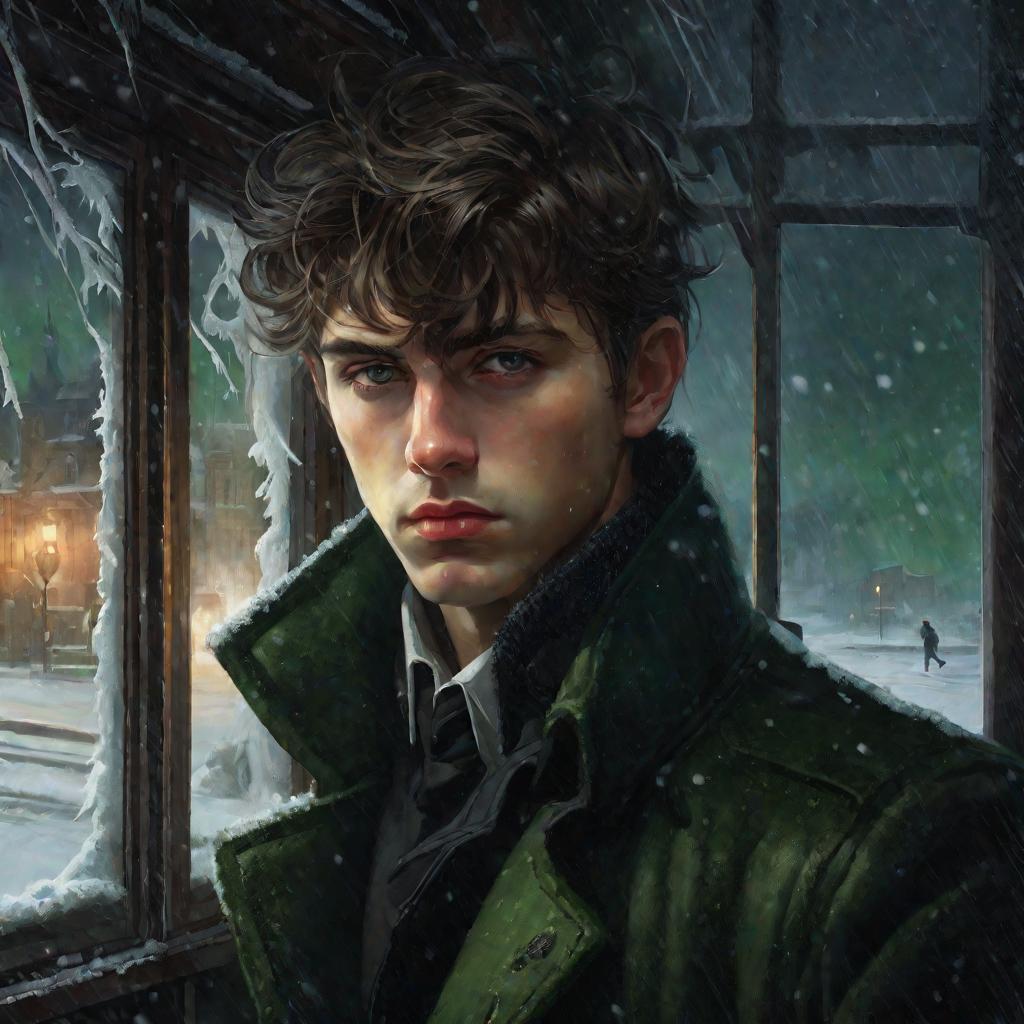 Крупный портрет молодого задумчивого мужчины в ветхом черном пальто, смотрящего в замерзшее окно в сумерки зимнего вечера