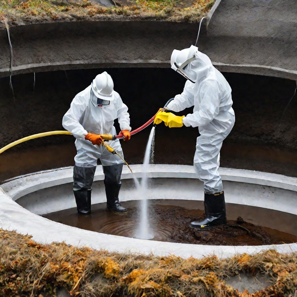 Крупный план двух рабочих в защитных костюмах, очищающих внутренние стенки подземной бетонной выгребной ямы с помощью напорных шлангов. Вода разбрызгивается, осадок смывается с шершавой бетонной поверхности в пасмурный осенний день