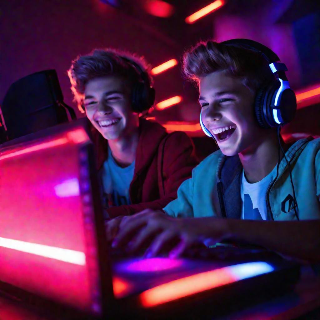 Двое подростков играют в компьютерную игру, смеются, на них наушники, сзади светятся разноцветные лампы