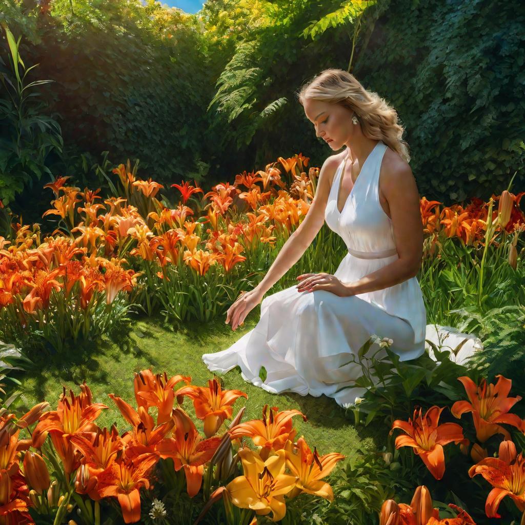 Женщина в белом платье на коленях среди ярких красных, желтых, белых и оранжевых тигровых лилий под летним синим небом