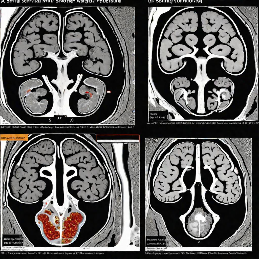 Серия МРТ снимков головного мозга, демонстрирующая состояние до, во время и после геморрагического инсульта с отчетливо видным скоплением крови, отеком и повреждениями