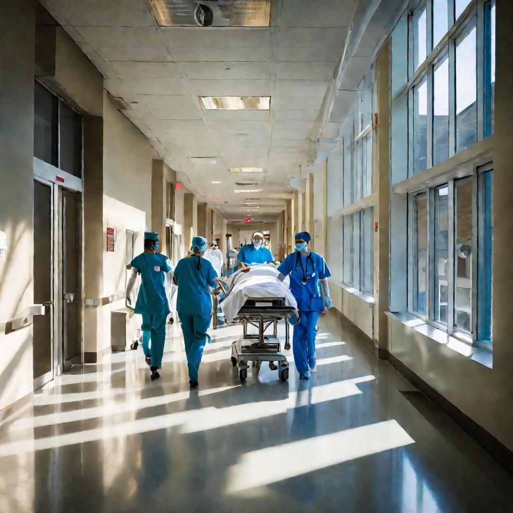 Больничный коридор с пациентом на носилках