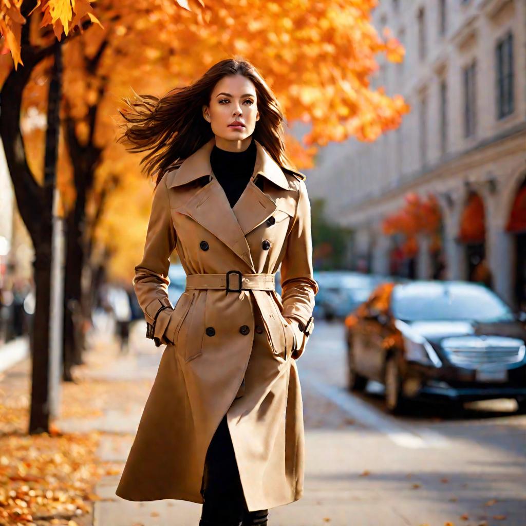 Модная девушка идет по улице осенью