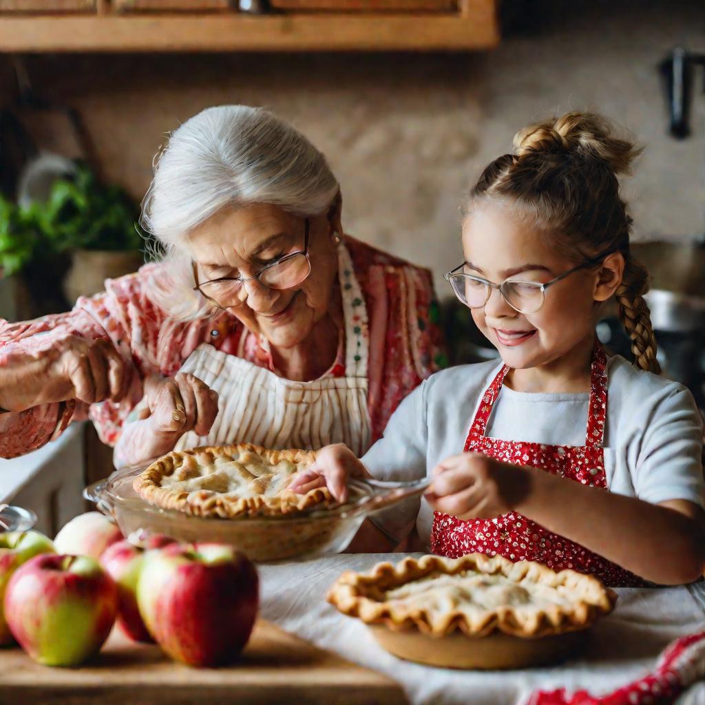 Бабушка и внучка готовят яблочный пирог на кухне