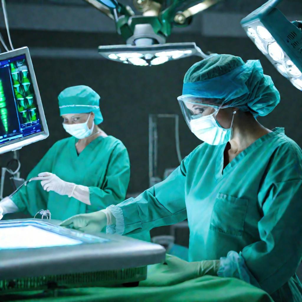 Драматичный кадр операционной во время сложной лапароскопической операции