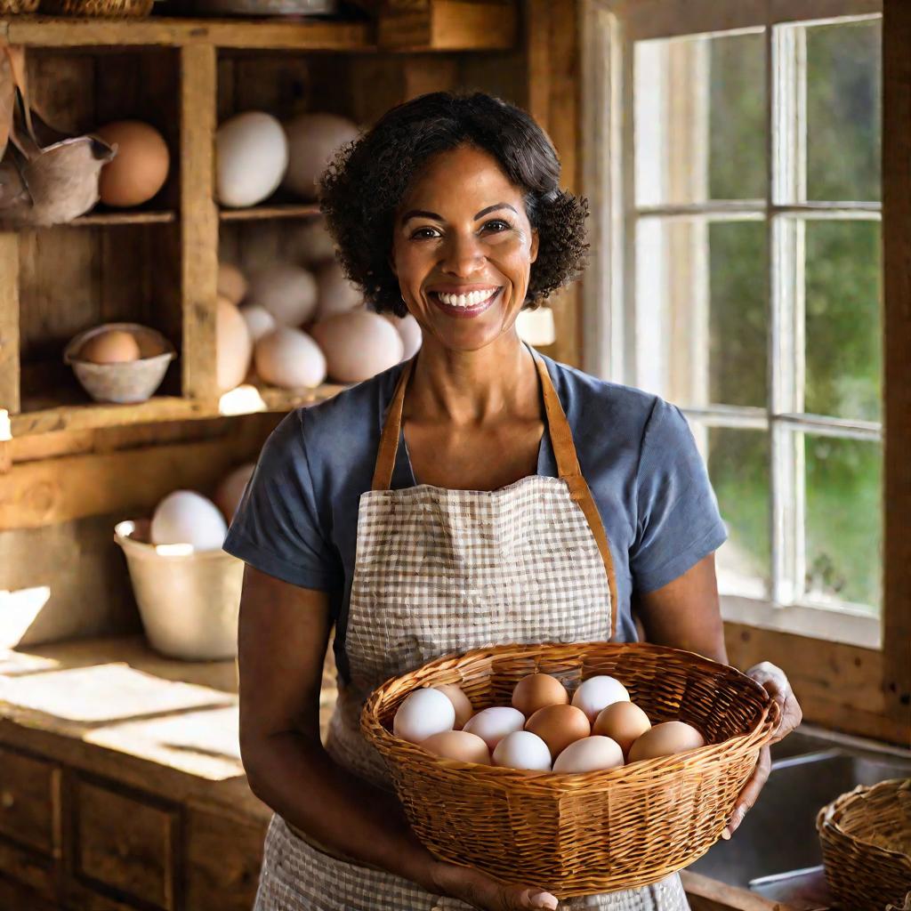 Женщина с корзиной свежих куриных яиц.