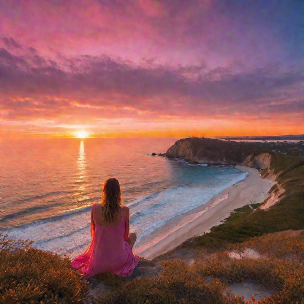 Женщина сидит на утесе, глядя на закат над пляжем