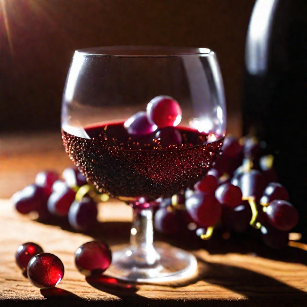 Кристаллы винного камня в бокале с красным вином