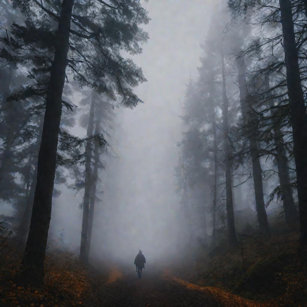 Вид сверху на человека, идущего в одиночестве по туманной лесной тропинке, вокруг высокие тенистые деревья и клубы тумана