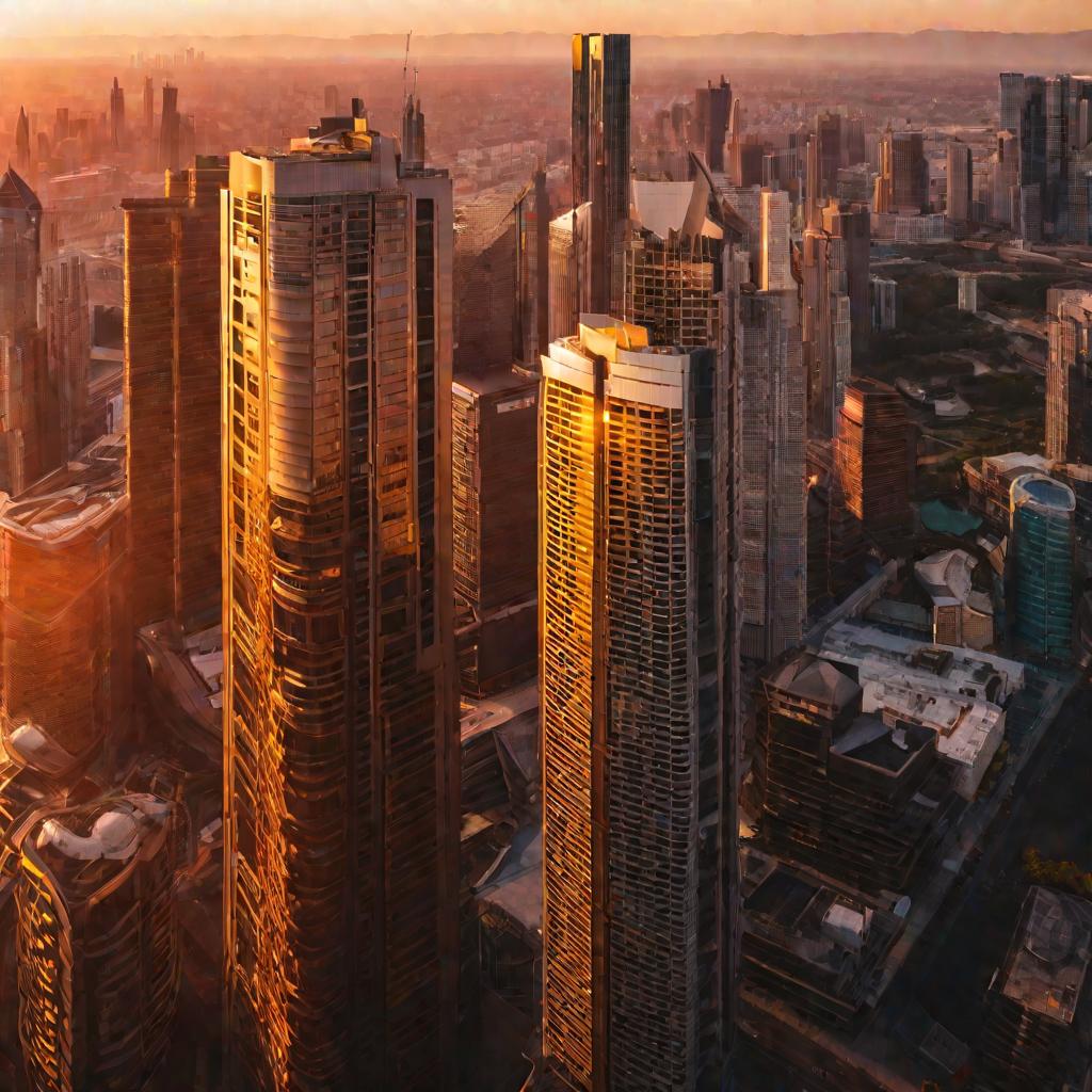 Панорамный закат над небоскребами города