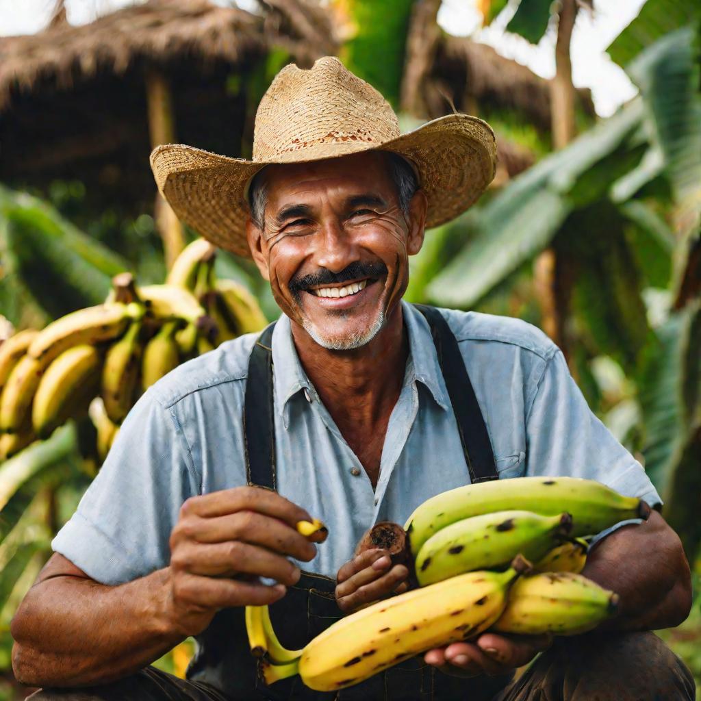 Фермер с созревшими бананами