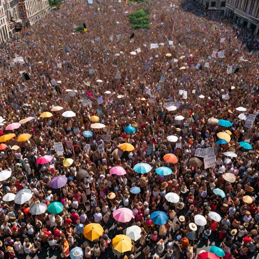 Тысячи людей маршируют на улице с плакатами феминистских лозунгов