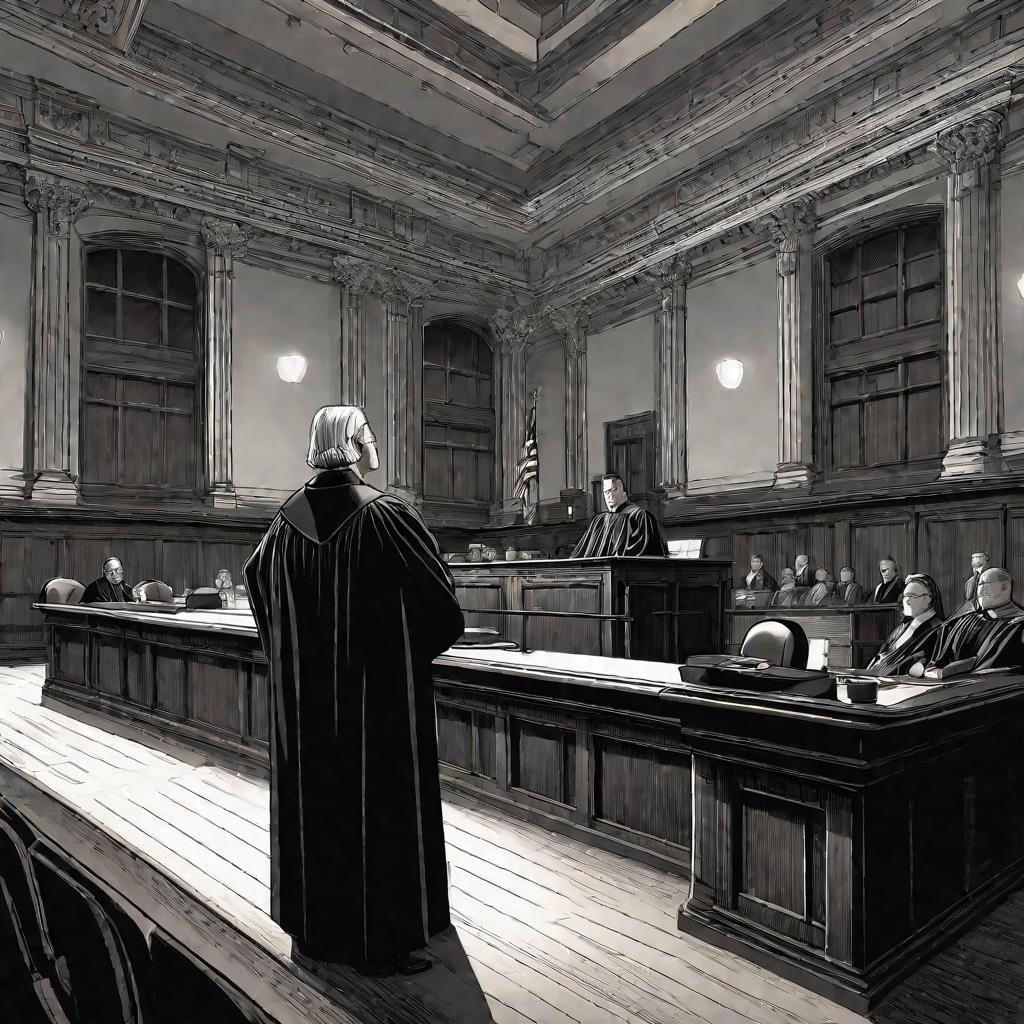 Широкий общий вид зала суда с судьей, стучащим молотком.