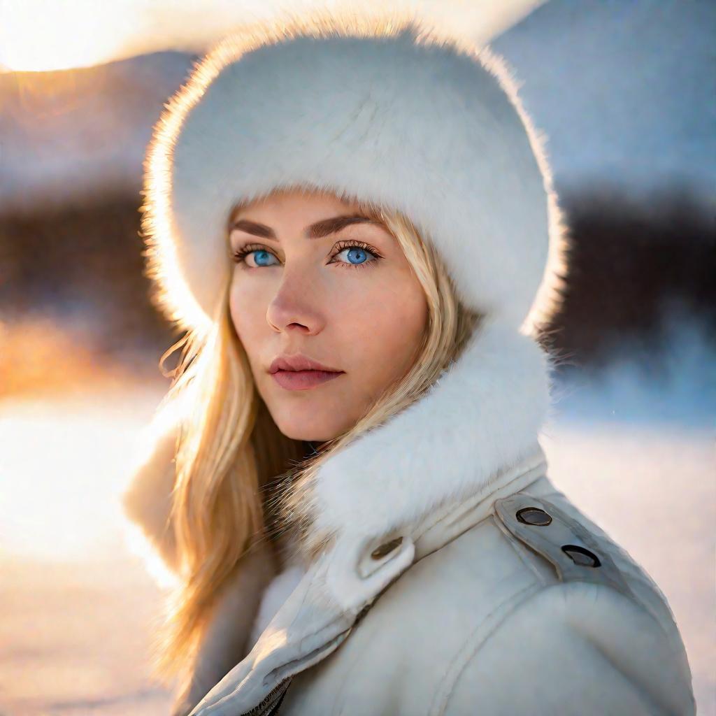 Крупный портрет блондинки, задумчиво глядящей вдаль во время полярного дня в Мурманске, Россия. У нее светлая кожа, голубые глаза и белая меховая шапка с шубой. За ней полуночное солнце окрашивает пейзаж оранжевым светом.