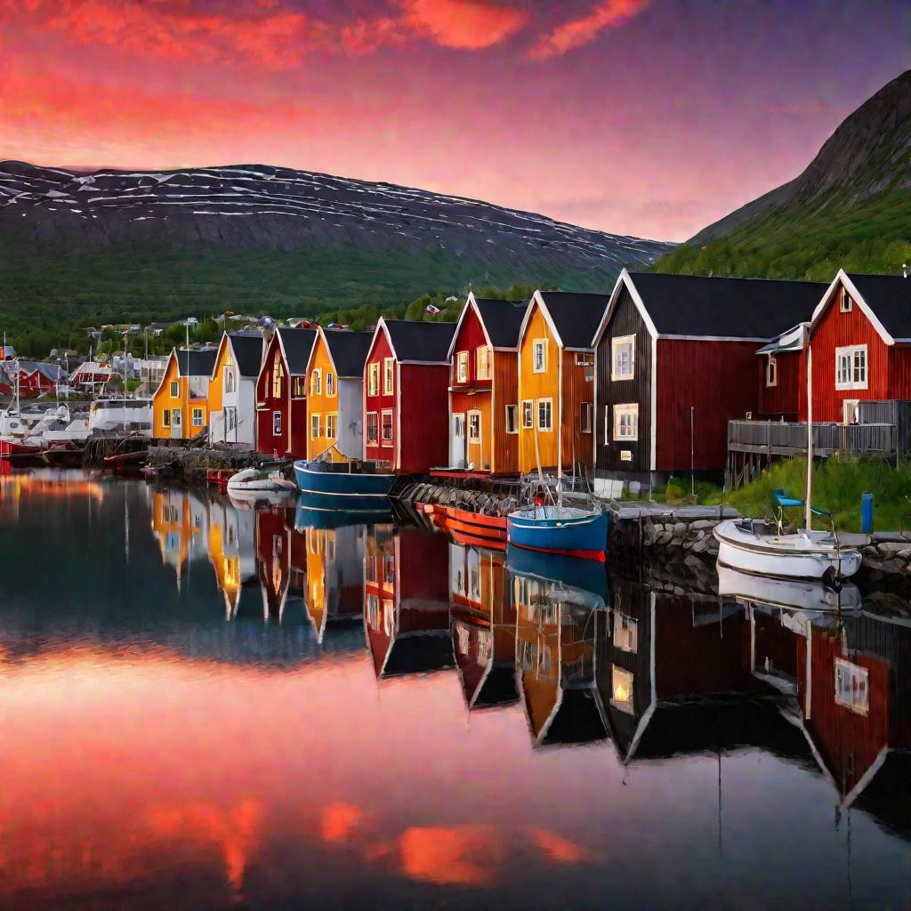 Панорамный вид спокойного полуночного солнца, отражающегося в зеркальном фьорде недалеко от портового городка Тромсе, Норвегия, в безветренную ясную летнюю ночь. Деревянные домики освещены теплым светом.