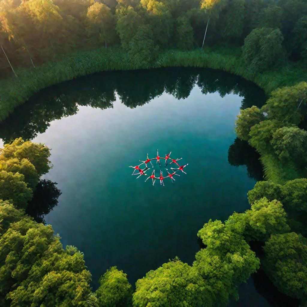 Синхронное плавание группы пловцов на озере на фоне деревьев в рассветных лучах