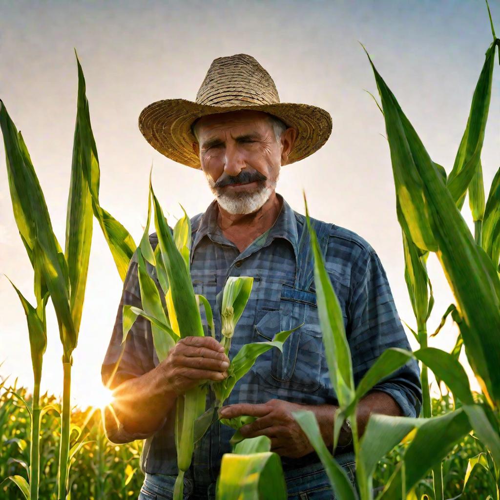 Фермер смотрит на хороший урожай кукурузы