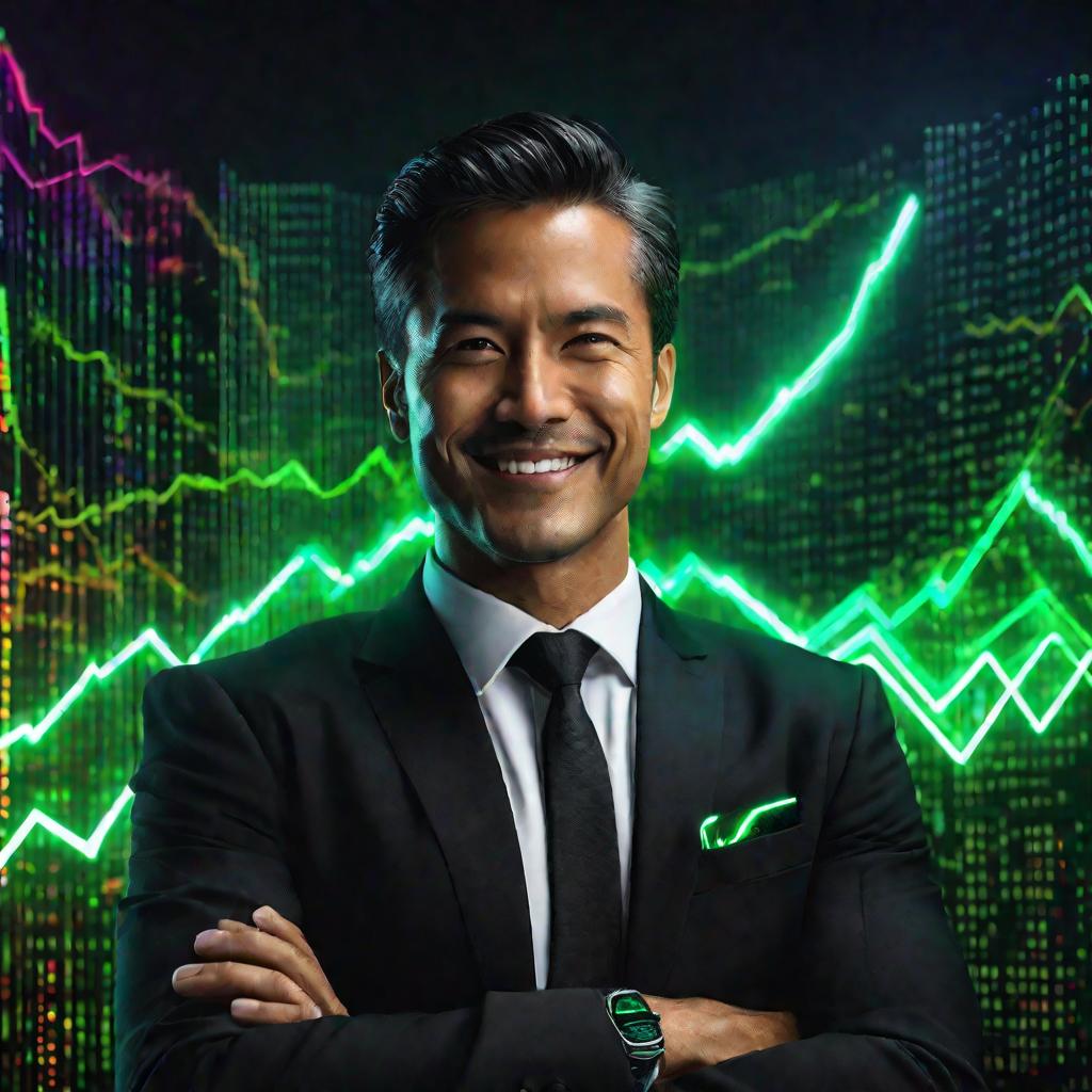 Портрет улыбающегося бизнесмена на фоне графиков фондовой биржи в зеленом сиянии.