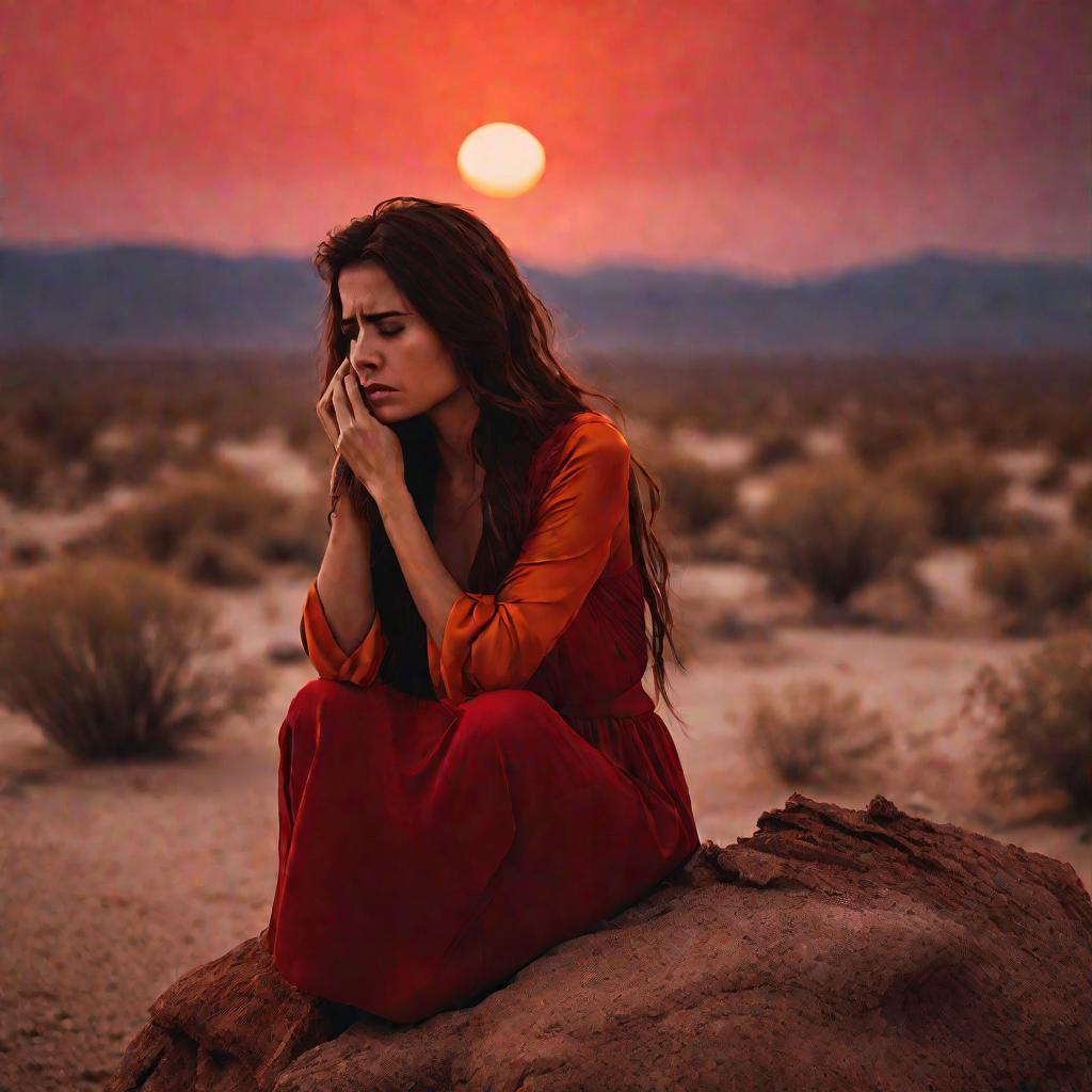 Одинокая плачущая женщина на фоне заката в пустыне