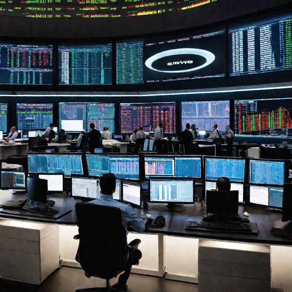 Вид внутри современного финансового торгового зала, демонстрирующий трейдеров за компьютерами, интенсивно работающих на фоне визуально отображенных финансовых данных, светящихся на подвешенных настенных экранах