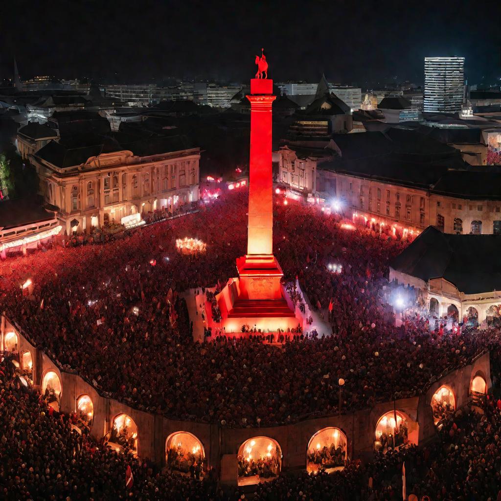 Вид сверху на ночную демонстрацию в городе