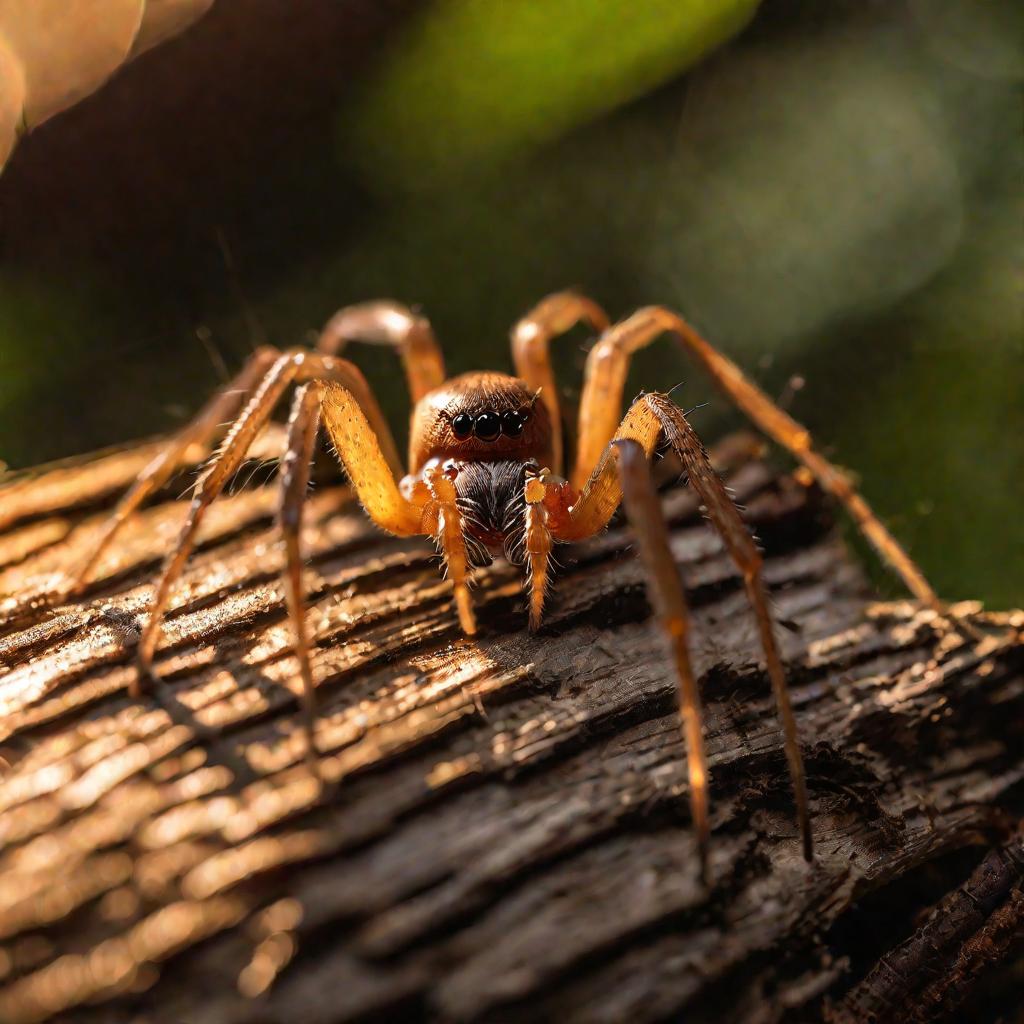 Портрет паука-отшельника сидящего на бревне в лесу