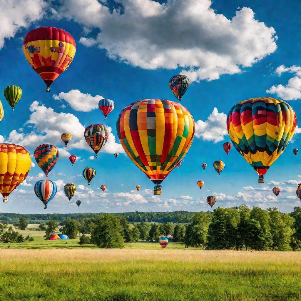 Панорама фестиваля воздушных шаров на лугу