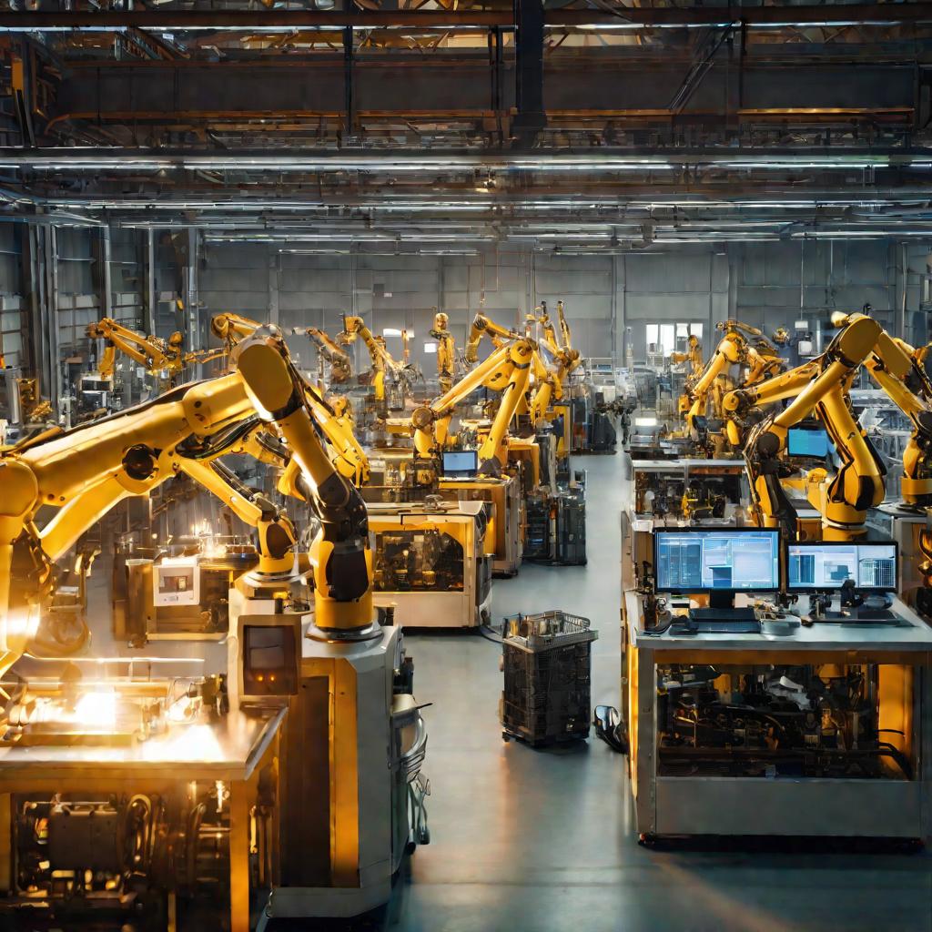 Завод с роботами и инженерами, оптимизирующими процессы