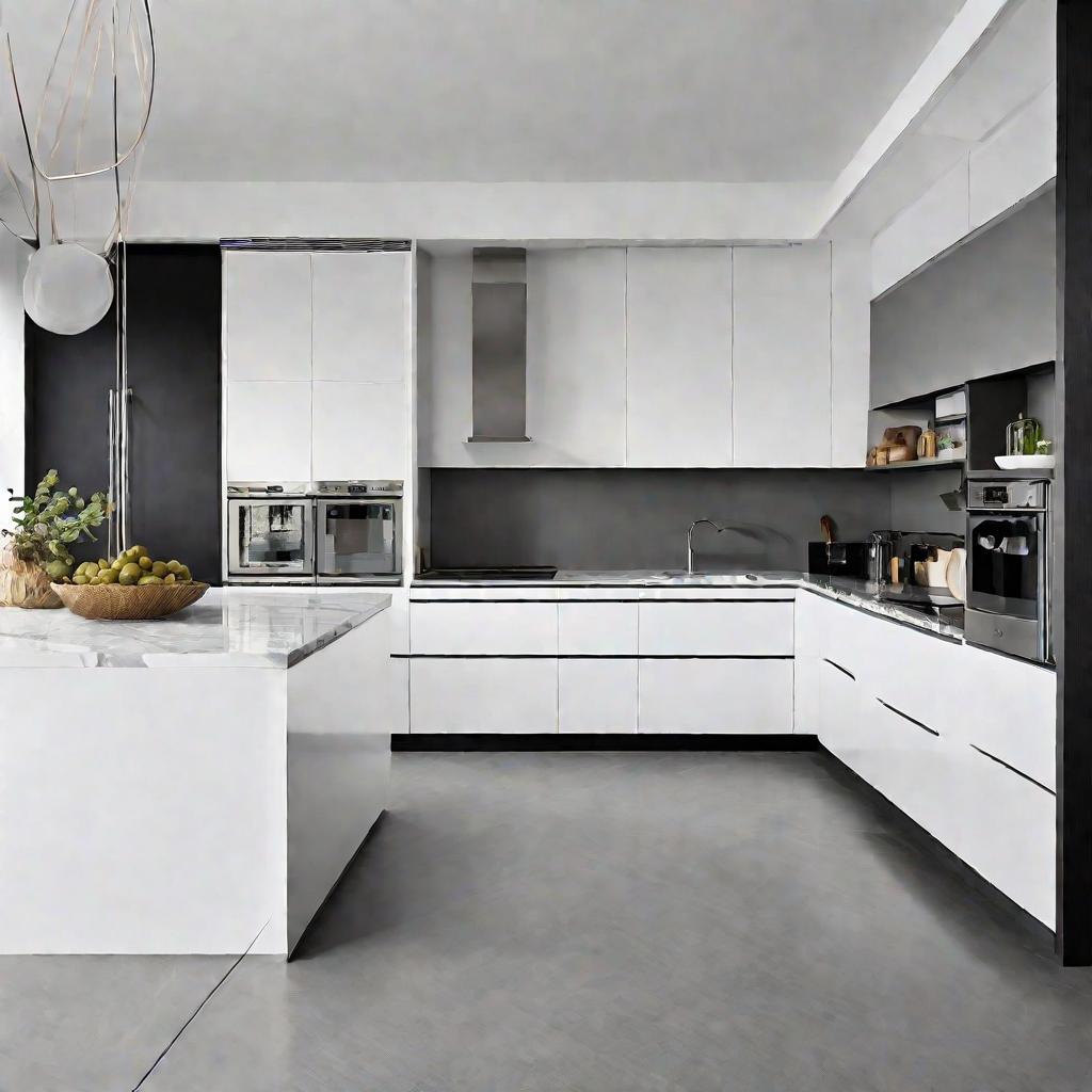 Серый линолеум на минималистичной белой кухне