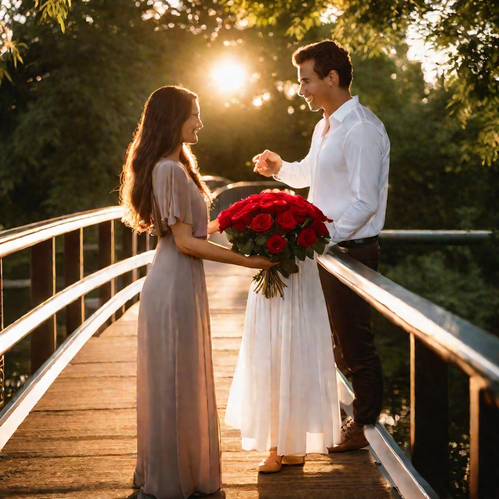 Мужчина дарит женщине букет красных роз на мостике в парке