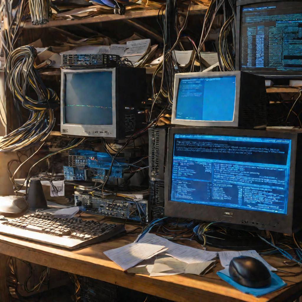 Вид сверху на рабочее место с компьютером, показывающим синий экран смерти