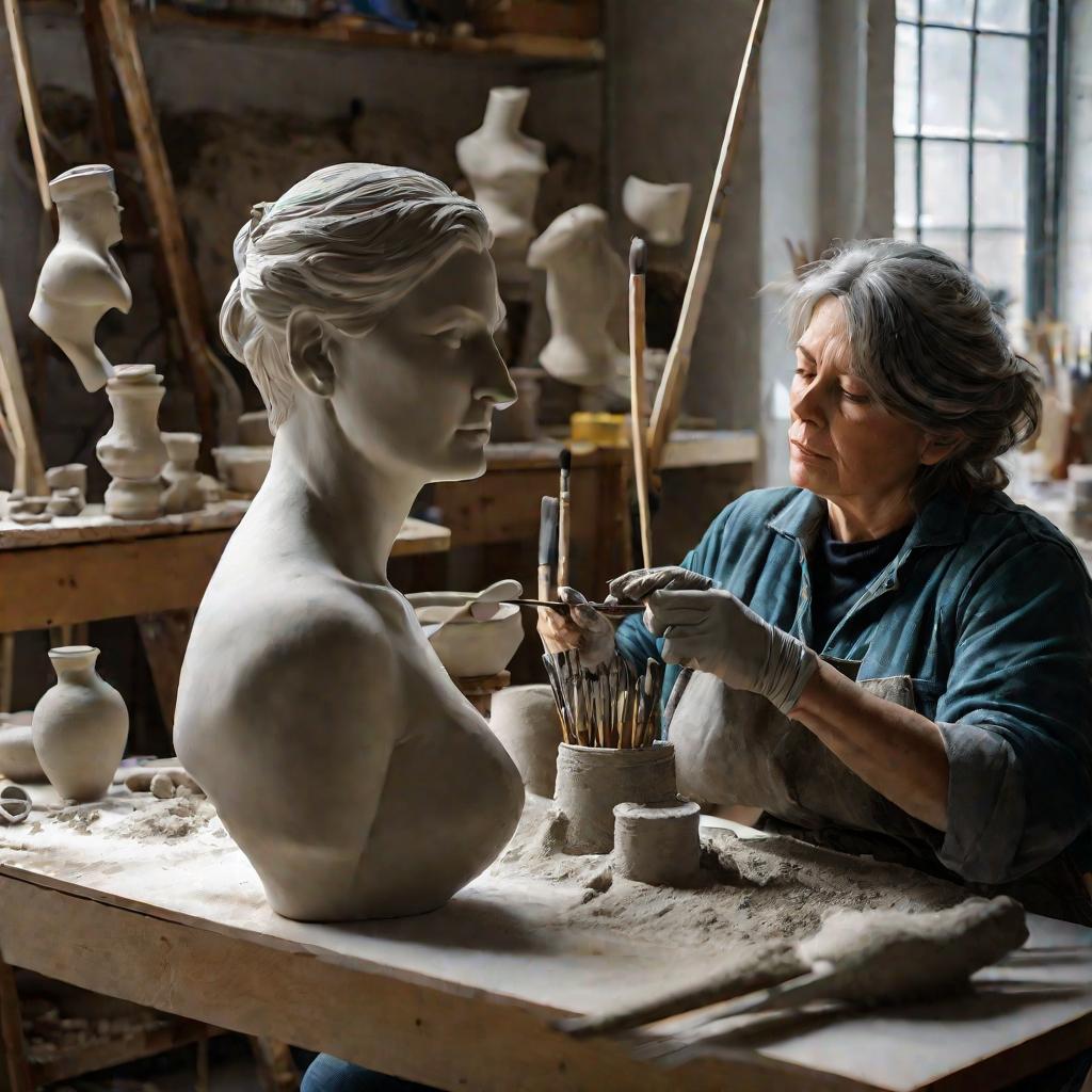 Скульптор средних лет работает над глиняным бюстом человека в своей мастерской в облачное утро, полностью погруженная в творческий процесс, формируя тонкие черты лица своими инструментами. Струящийся естественный свет проникает через окно за ней, освещая 