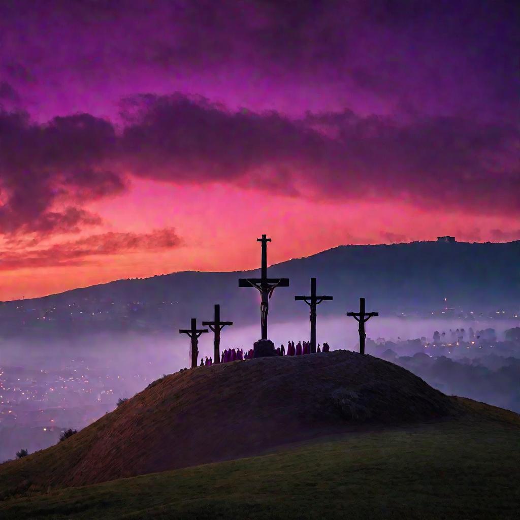 Распятие Иисуса Христа на фоне города на закате