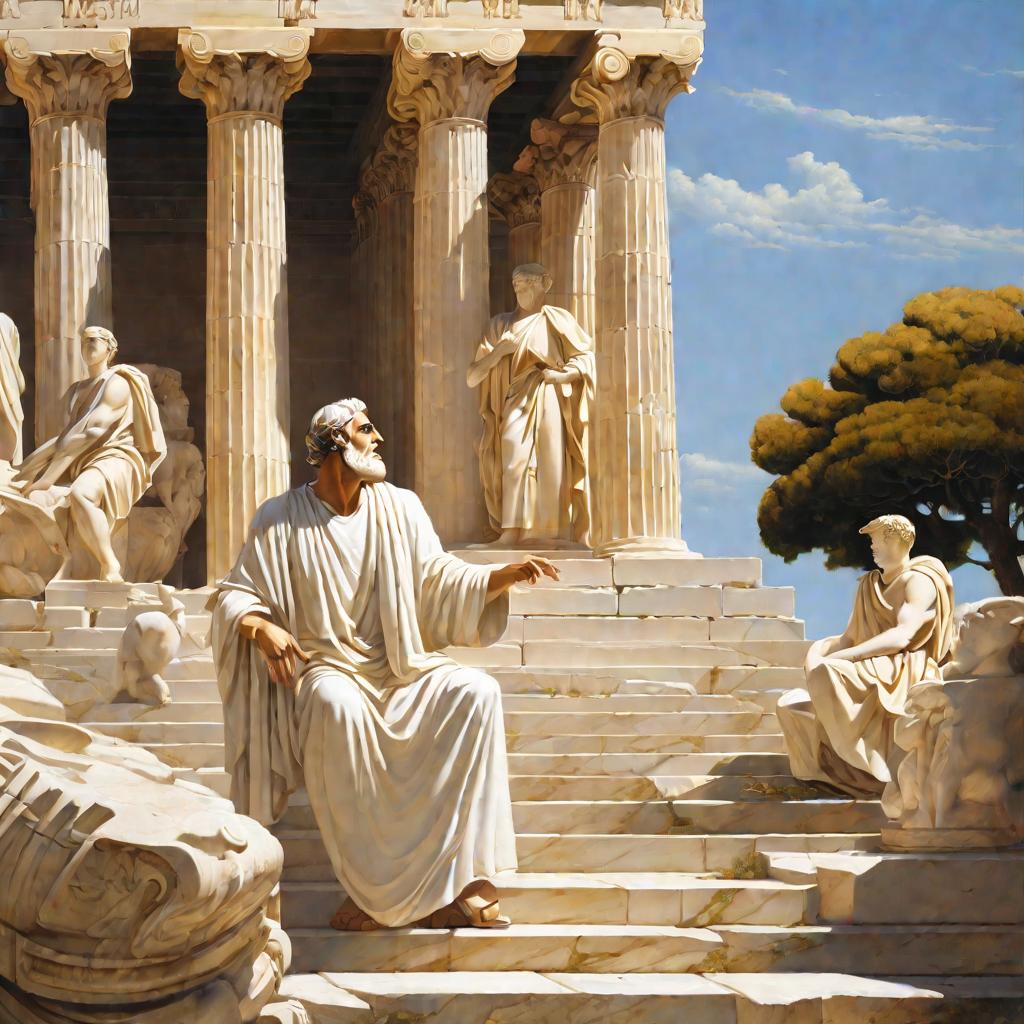 Древнегреческий философ в белой одежде расхаживает взад-вперед, жестикулируя во время дебатов с молодыми людьми, сидящими на каменных ступенях. На заднем плане виден залитый солнцем Акрополь с беломраморными колоннами и статуями.