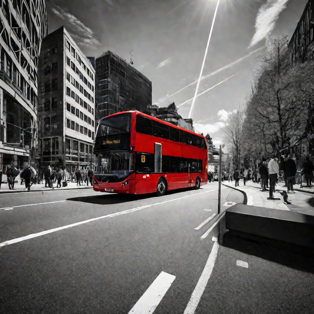 Средний план красного двухэтажного автобуса, едущего по оживленной городской улице в солнечный весенний день, снятый с низкого ракурса. Ряды однообразных зданий по обе стороны создают канал, который заставляет траекторию движения автобуса описывать прибли