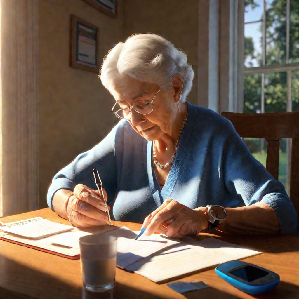 Пожилая женщина дома утром измеряет сахар крови