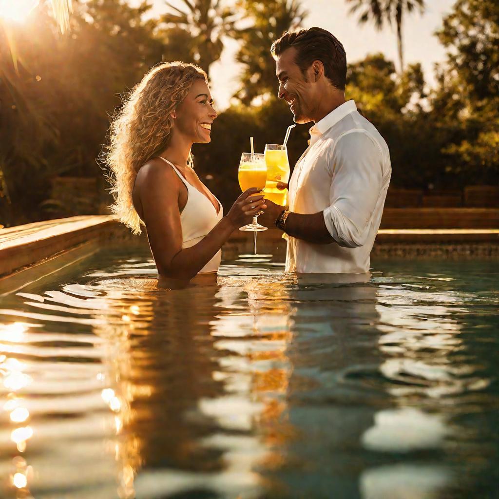 Мужчина и женщина улыбаются в композитном бассейне на закате.